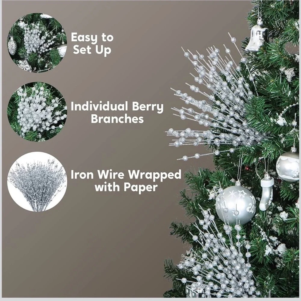 20 Pack Silver Artificial Glitter Berry Stems for Christmas Tree Decoration &...